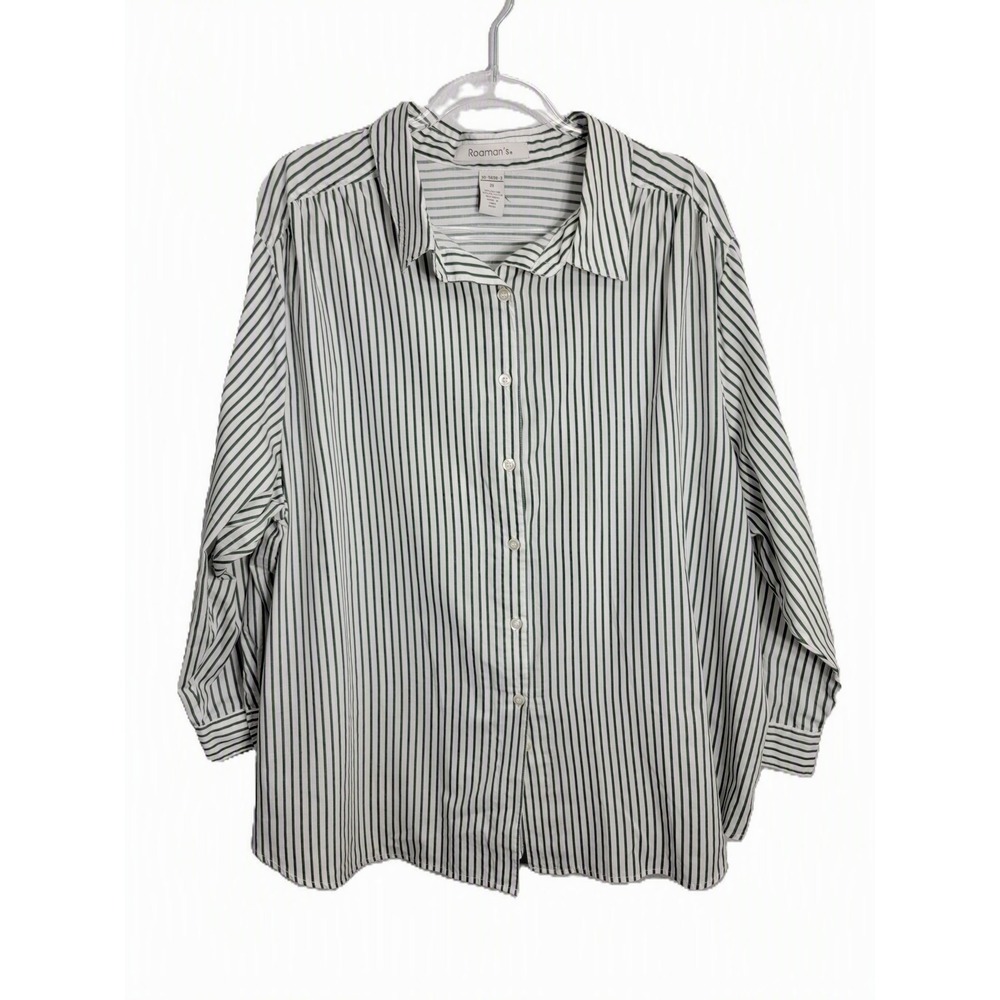 Roaman's Women 2X Button Down Green White Striped Long Sleeve Cotton Blend Shirt
